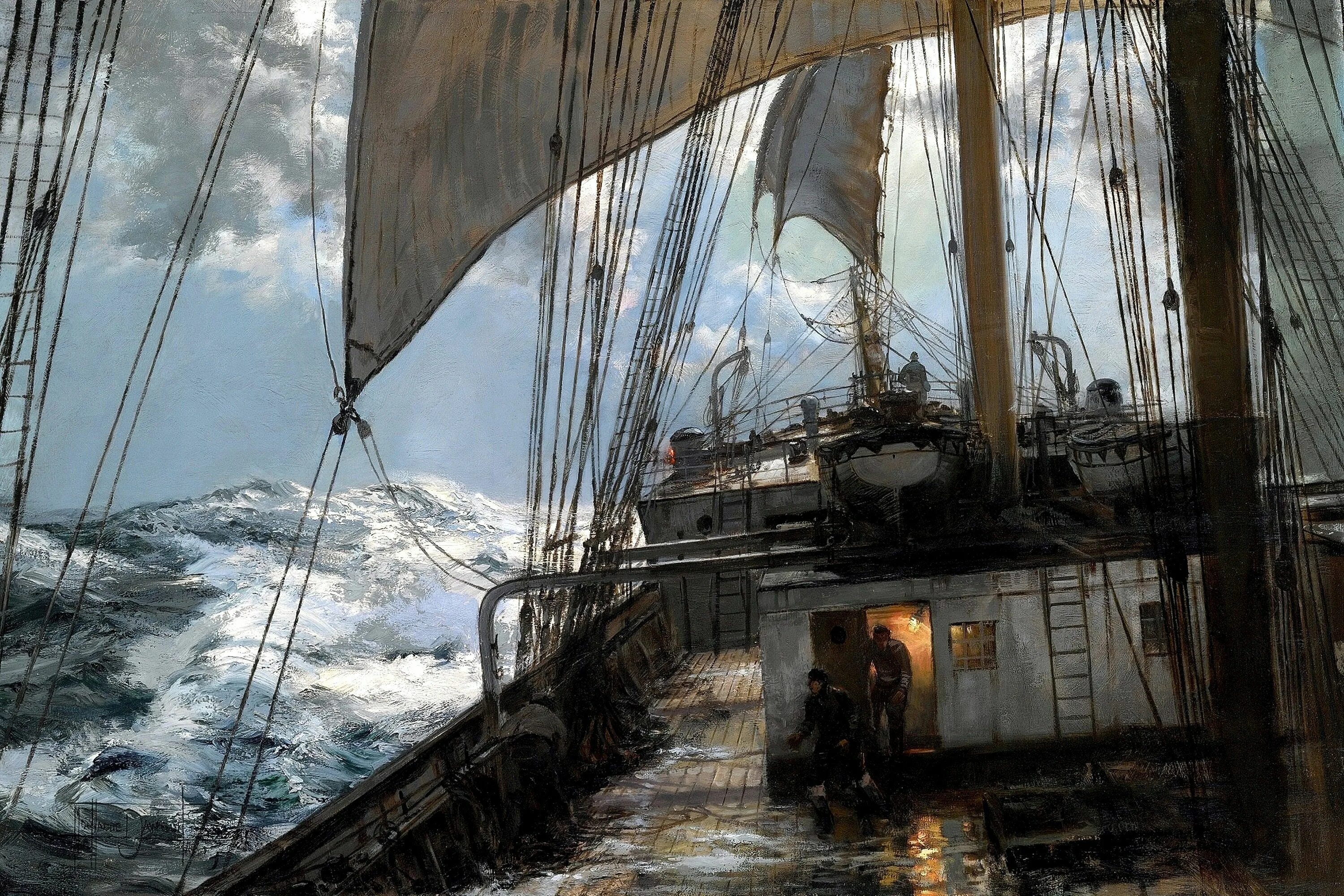Палуба в тумане. Доусон Монтегю корабль. Монтегю Доусон картины с пиратами. Montague Dawson картины. Доусон Монтегю. Морской пейзаж.