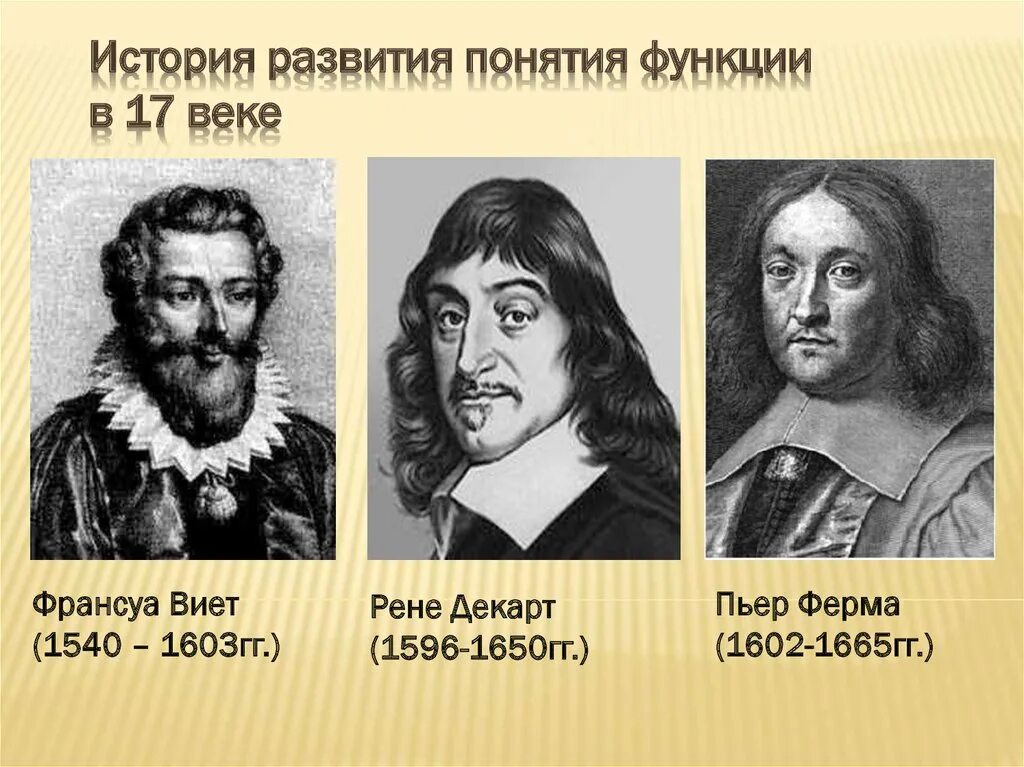История создания функции. Виет, декарт, ферма,. ученые франсуа виет и рене декарт. франсуа виет, рене декарт, пьер де ферма. история развития понятия функция.