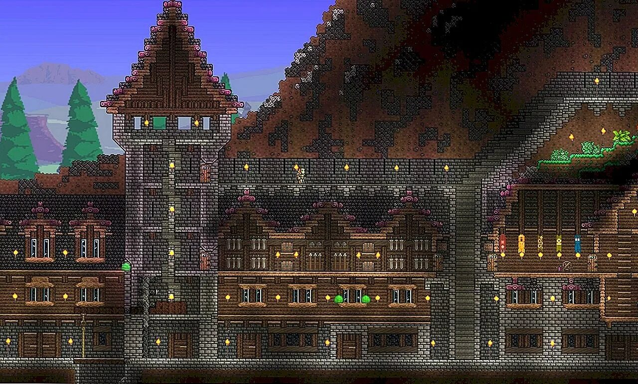 Terraria build. Замки в террарии 1.4. Terraria замок. Красивый замок в террарии. Дом в горе террария.