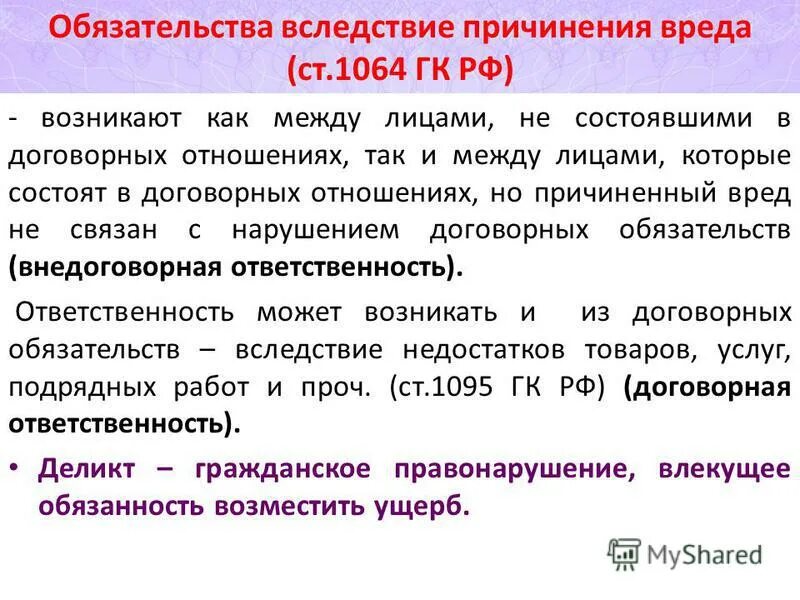 Обязательства вследствие причинения вреда. Обязательства возникающие вследствие причинения вреда. Виды обязательств из причинения вреда. Обязательства вследствие причинения вреда особенности. Причинившая ущерб другой стороне возмещает