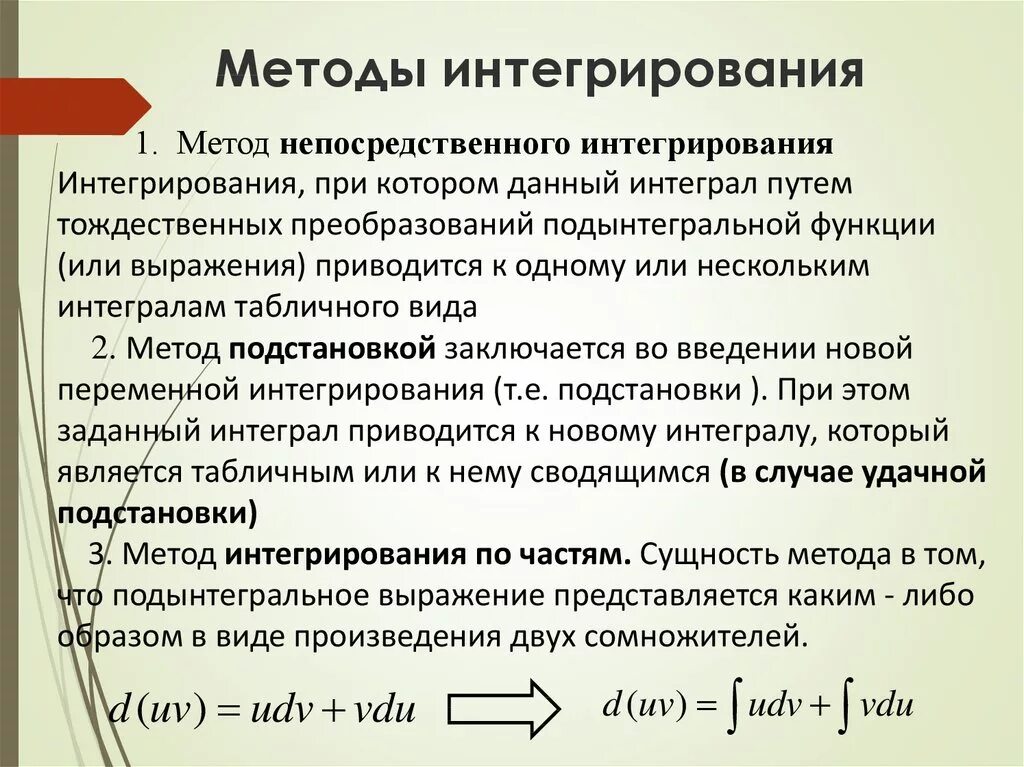 Путем интегрирование. Методы непосредственного интегрирования и подстановки. Основные методы интегрирования. Основные методы интегрирования определенного интеграла. Методы интегрирования неопределенного интеграла.