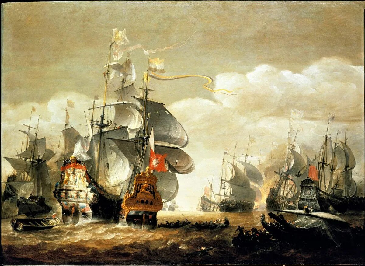 Французы и голландцы. Англо-голландские войны 17 века. Андрис Ван Эртфельт сражение испанского флота. HMS Royal Charles 1655.