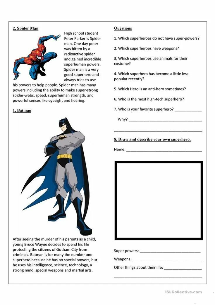 Superhero перевод. Анкета супергероя. Супергерои на английском Worksheet. Придумай своего супергероя. Человек паук задания.