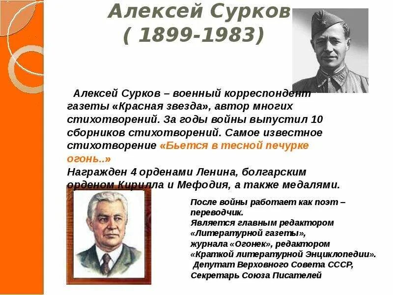 Писатели после войны. Сурков поэт фронтовик. Биография Суркова Алексея Александровича кратко.