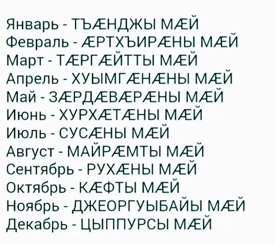 Добрый на осетинском языке. Месяцы на осетинском языке. Название месяцев на осетинском. Месяца по осетински. Месяца года на осетинском языке.