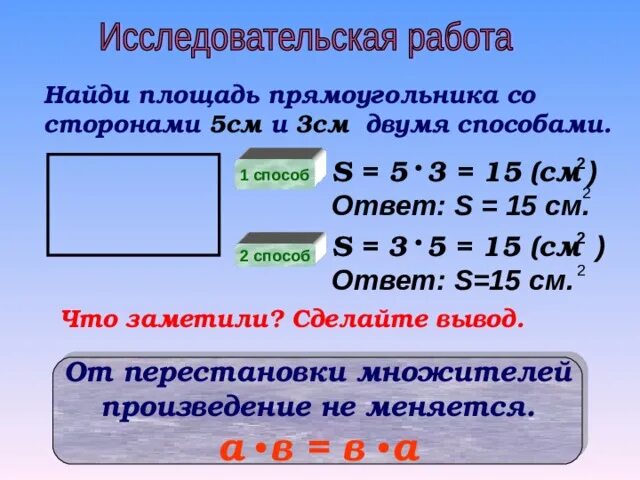 Площадь прямоугольника 5 и 3 см