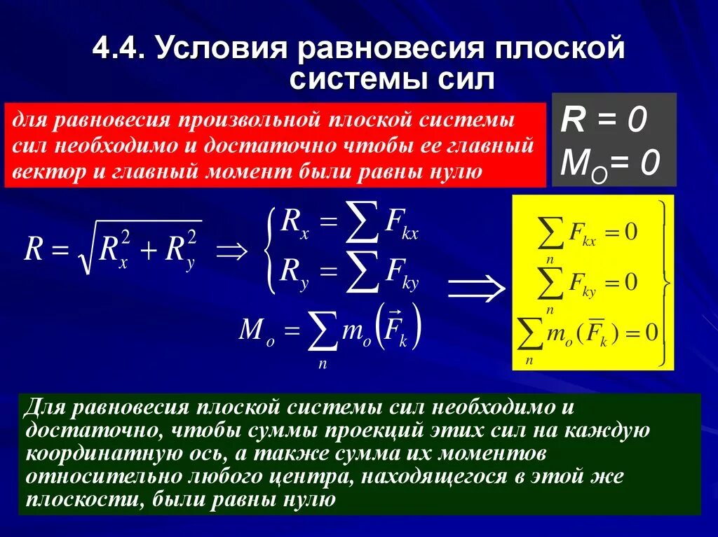 Уравнение равновесия тела. Уравнения равновесия для плоской произвольной системы сил. Условия равновесия произвольной плоской системы сил. Система уравнений равновесия плоской системы сходящихся сил. Eckjdbz hfdyjdtcnbz lkz gkjcrjq cbcntvs CBK.