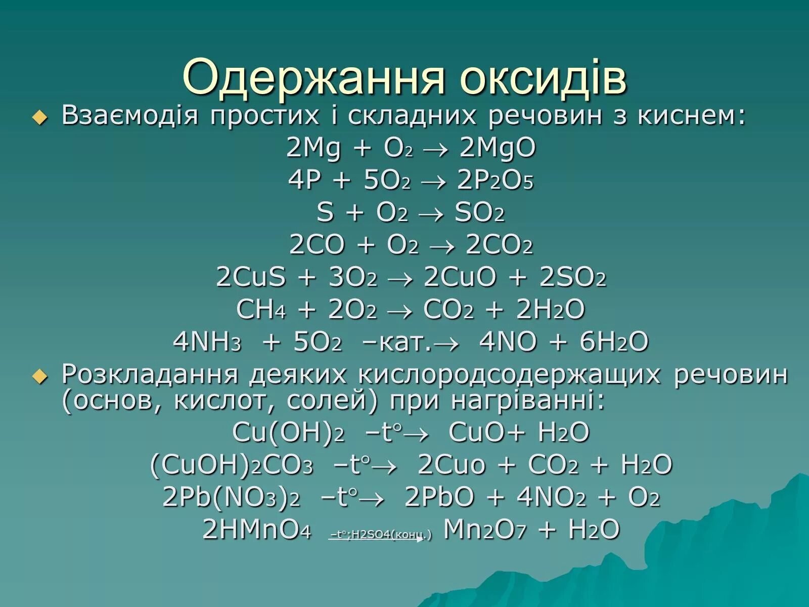 Ch 4 co2. P co2. Co+o2. Co2+o2. So2 p2o5.