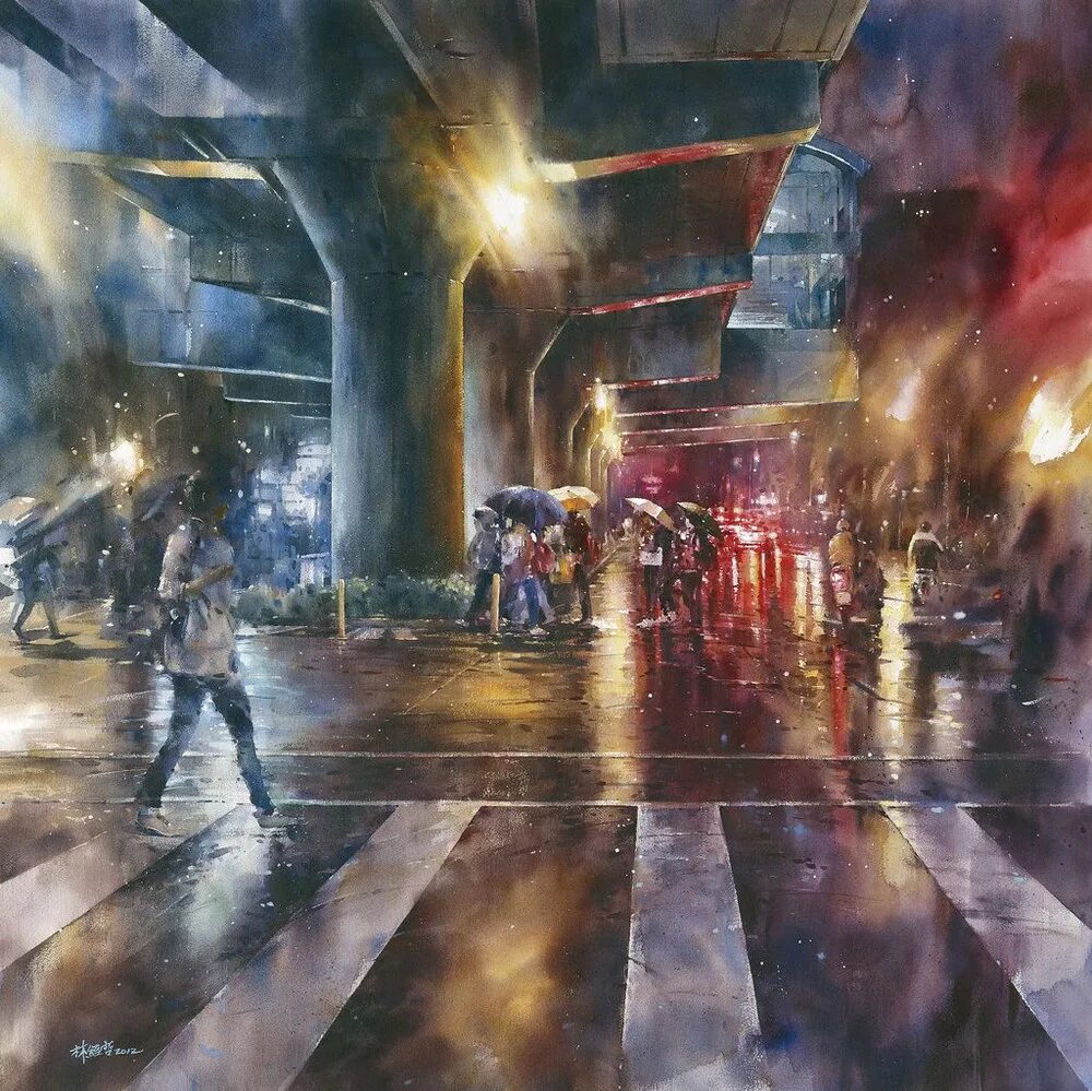 Дождь в большом городе. Лин Чинг че художник. Лин Чинг че акварель картины. Тайваньский художник Lin Ching che.