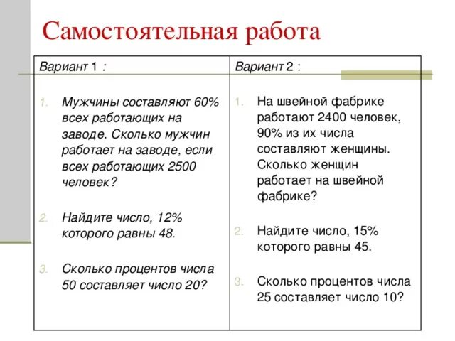 Самостоятельная работа проценты. Задачи на проценты задания. Задачи на проценты самостоятельная работа.