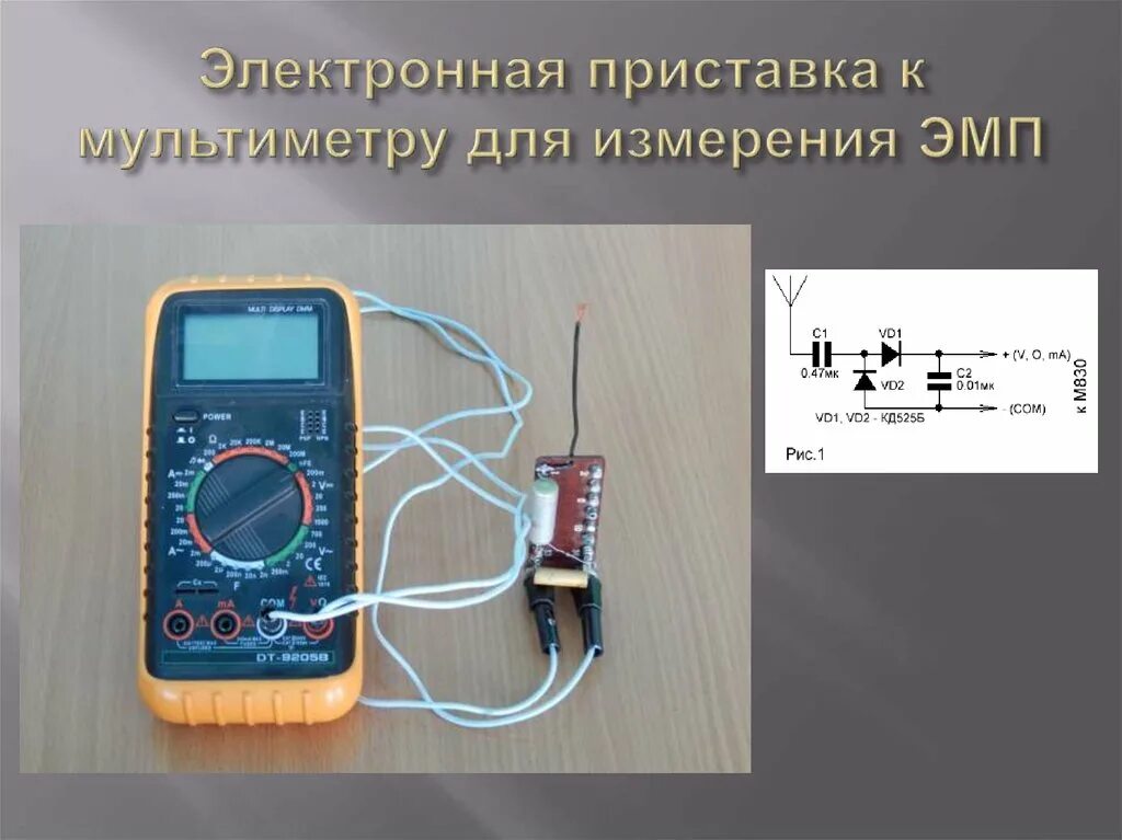 Прибор обнаружения поля. Приставка к мультиметру для измерения ВЧ напряжения. Схема прибора для измерения электромагнитного излучения. Электронная приставка к мультиметру для измерения ЭМП.