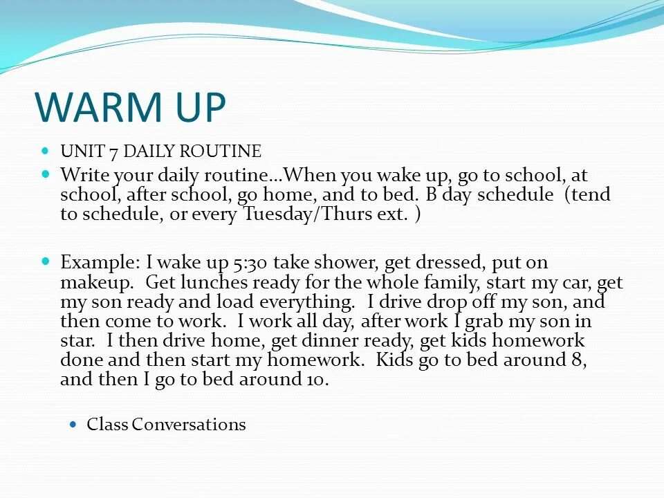 Warm up Daily Routine. Warm up для урока английского языка. Warming up на уроке английского. Write your Daily Routine.