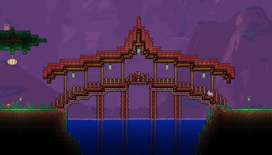 Terraria t. Замки в террарии 1.4. Террария 1.4.5. Террария мост постройка. Дом на мосту террария.