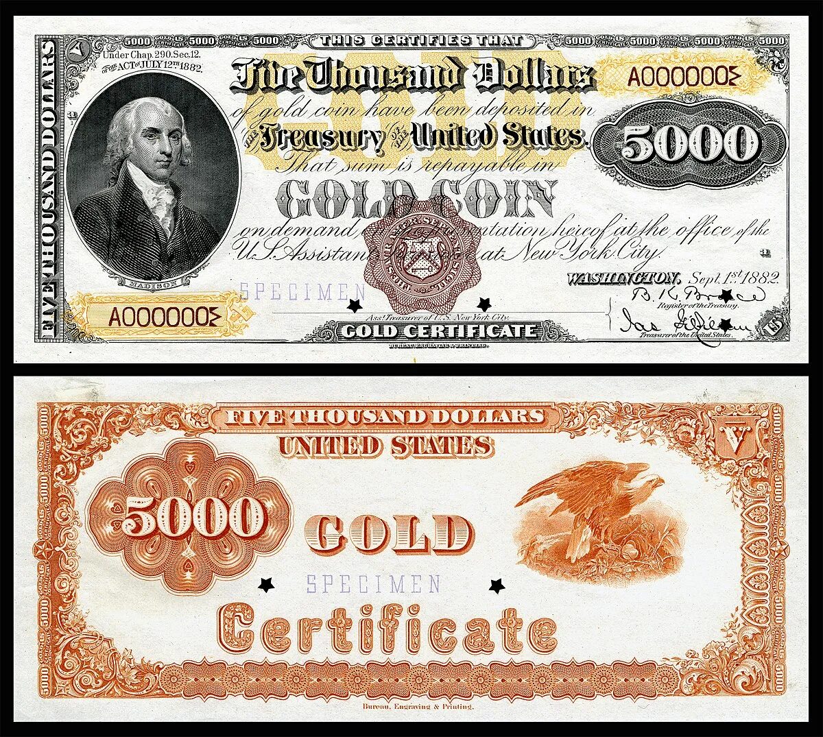 Банкнота 5000 долларов. 5000 Долларов США. Как выглядит 5000 долларов. Золотой сертификат США.