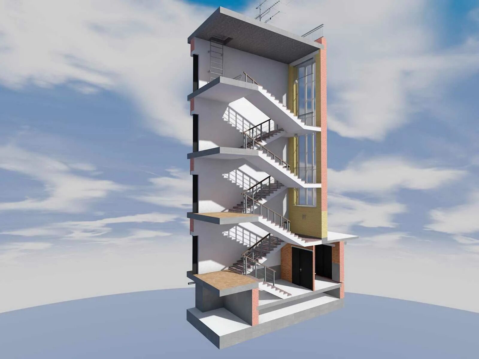 В многоэтажном доме между этажами одинаковое. Незадымляемая лестничная клетка на фасаде. Лестницы в многоэтажных зданиях. Лестницы в многоэтажных жилых домах. Многоквартирный дом в разрезе.