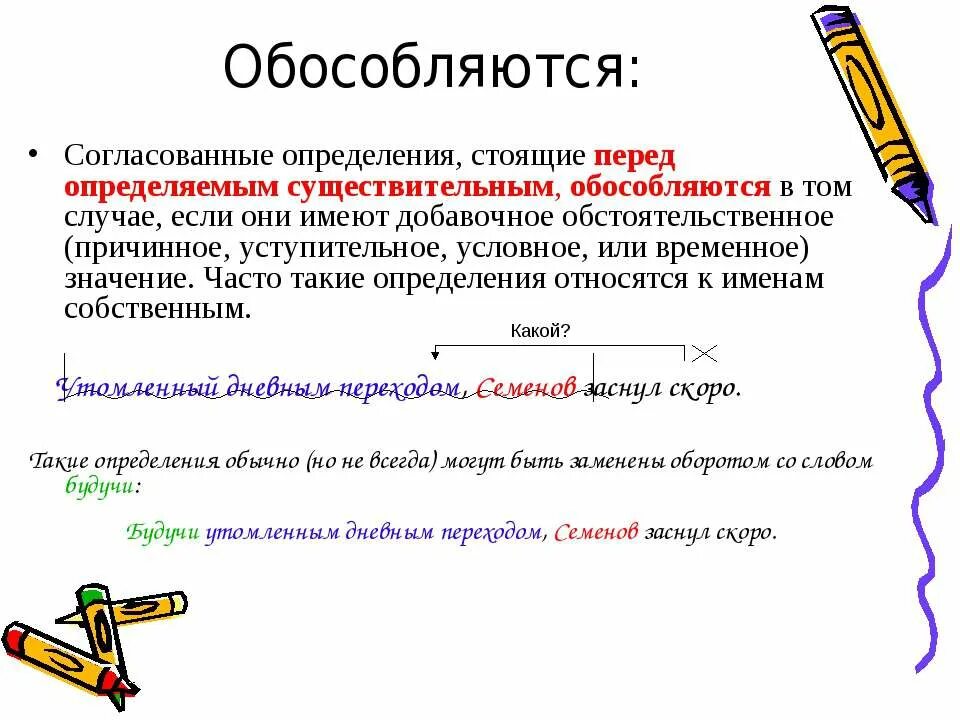 Обособленное согласование определения. Обособленные определения перед определяемым словом. Распространенные приложения стоящие после определяемого слова. Обособленное согласованное определение. Определение стоит перед определяемым словом укажите границы