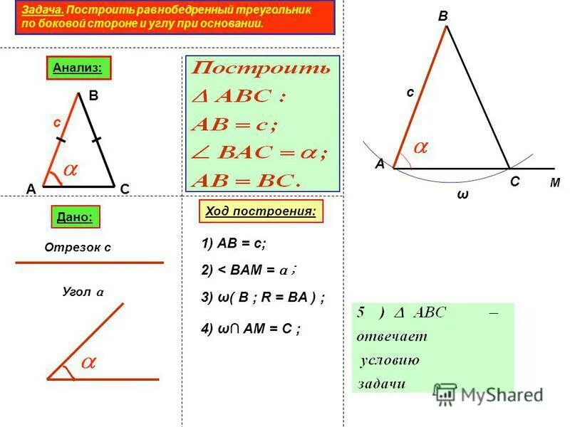 построить равнобедренный треугольник по боковой стороне и углу. постройте равнобедренный треугольник по углу. треугольник по боковой стороне и углу при основании. равнобедренный треугольник по основанию и углу при основании. св-ва равнобедренного треугольника.