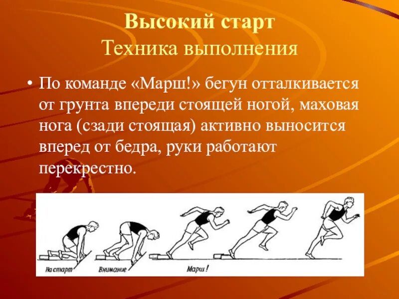 Как называют бегуна на короткие дистанции. Техника высокого старта в легкой атлетике. Высокий старт техника выполнения. Техника выполнения высокого старта в легкой атлетике. Техника бега с высокого старта.