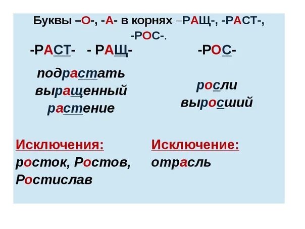 Корни рос раст карточки. Чередование гласных в корне раст рос ращ правило. Раст ращ рос правило примеры. Правило чередования гласных в корнях «-раст-, -ращ-/-рос-». Правила чередования гласных в корне раст ращ рос.