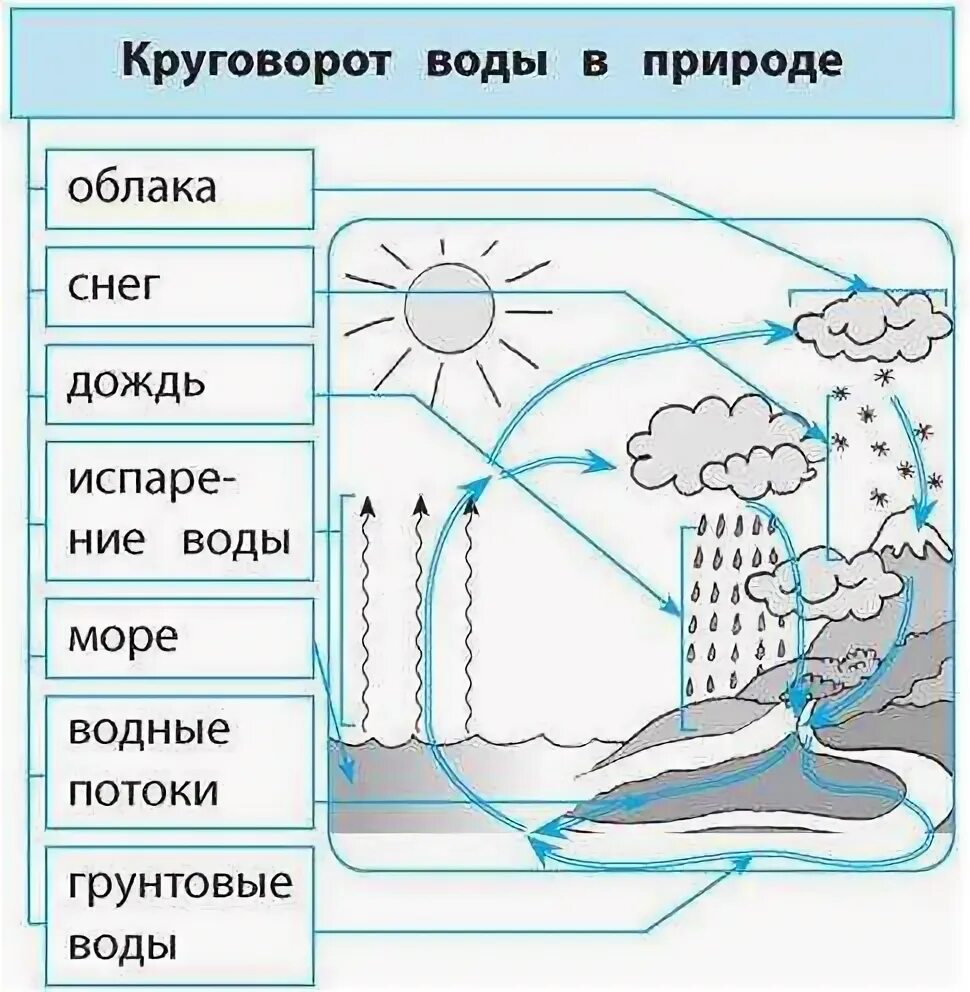 Круговорот воды в природе схема 3 класс окружающий мир. Схема круговорота воды 3 класс окружающий мир. Круговорот воды в природе схема 4 класс. Круговорот воды в природе схема 5 кл