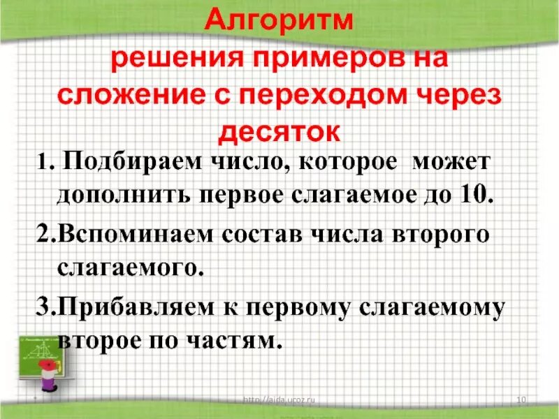 Алгоритм сложения с переходом через десяток 1 класс. Сложение с переводомчерез десяток алгоритм. Алгоритм сложения с переходом чере десяток. Алгоритм решения примеров на сложение с переходом через десяток. Алгоритм сложения двух целых чисел