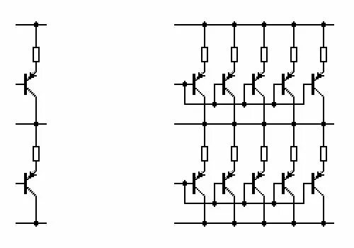 Параллельное соединение транзисторов для увеличения мощности схема. Схема последовательного соединения транзисторов. Параллельное соединение транзисторов е13009. Параллельное включение СВЧ транзисторов.