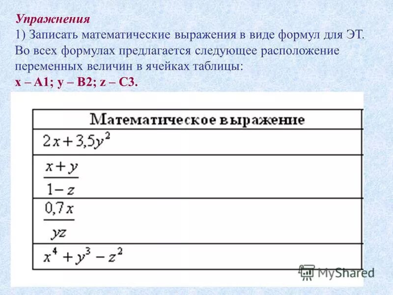 Решение математических выражений. Запись в электронной таблице математическое выражение. Записать математическое выражение в виде формул 3,4х+у. Записать математическое выражение. Математические выражения выражения.