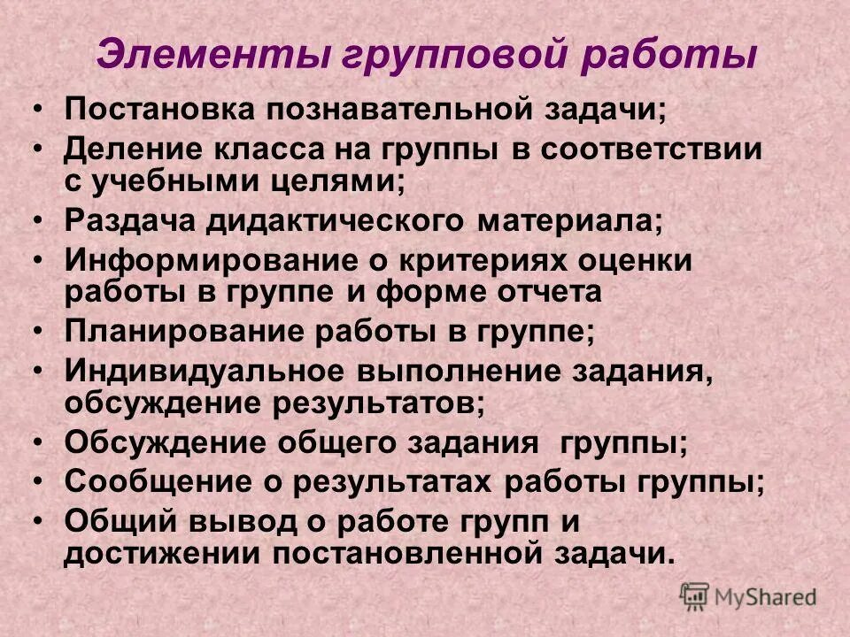 групповая динамика элементы в психологии. постановка познавательной задачи. элементы групповой работы. технологический процесс групповой работы. правила представления презентации.