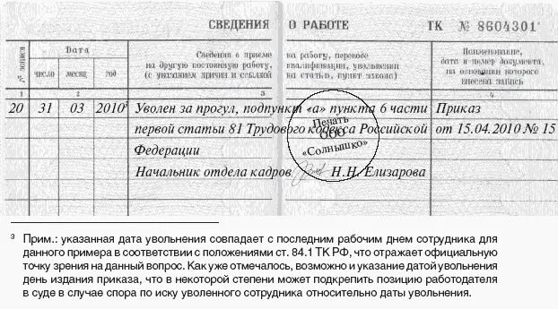 Нарушение правил увольнения работника. Увольнение по статье за прогул. Запись в трудовой книжке за прогул. Увольнение за прогул статья в трудовой книжке. Увольнение прогул запись в трудовой.