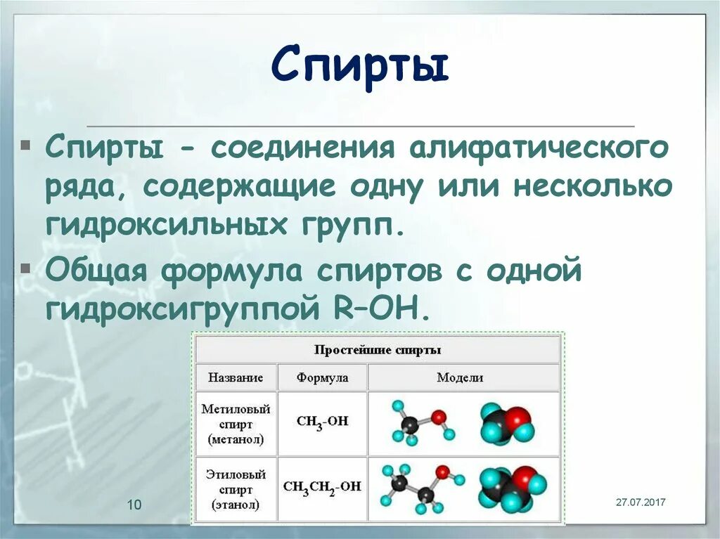 Химическое соединение спирта. Классификация алифатических спиртов. Соединение спирта.