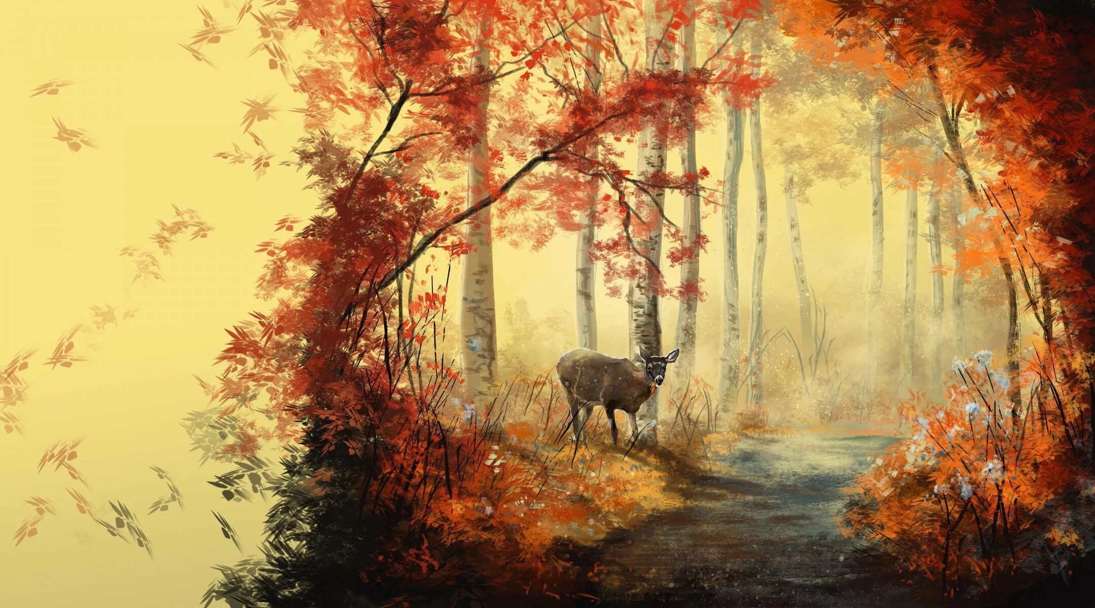 Изображен осенний лес. Картина осень. сказочный осенний лес. осень арт. краски осеннего леса.