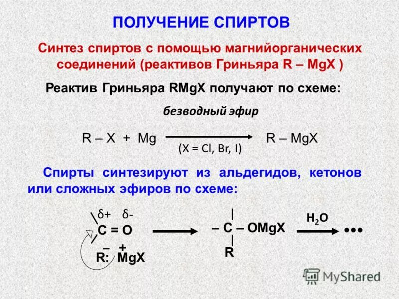 Получение соединений с помощью выданных. Реактив Гриньяра + сo2. Синтез спиртов с помощью магнийорганических соединений. Взаимодействие карбонильных соединений с реактивами Гриньяра.