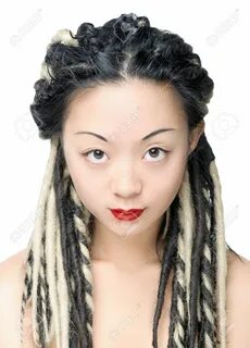 Beautiful asian woman with dreadlocks over white background - 19055906.
