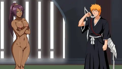 pinkpawg, ichigo kurosaki, shihouin yoruichi, bleach, highres, blush, breas...