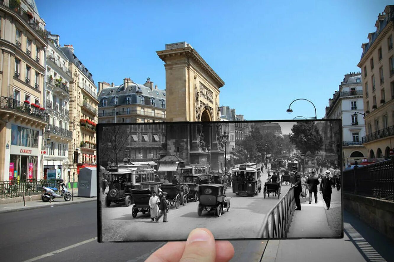 Современная фотография история. Бульвар сен Дени Париж. Париж 1910. Saint Denis 1910. Прошлое и современность.