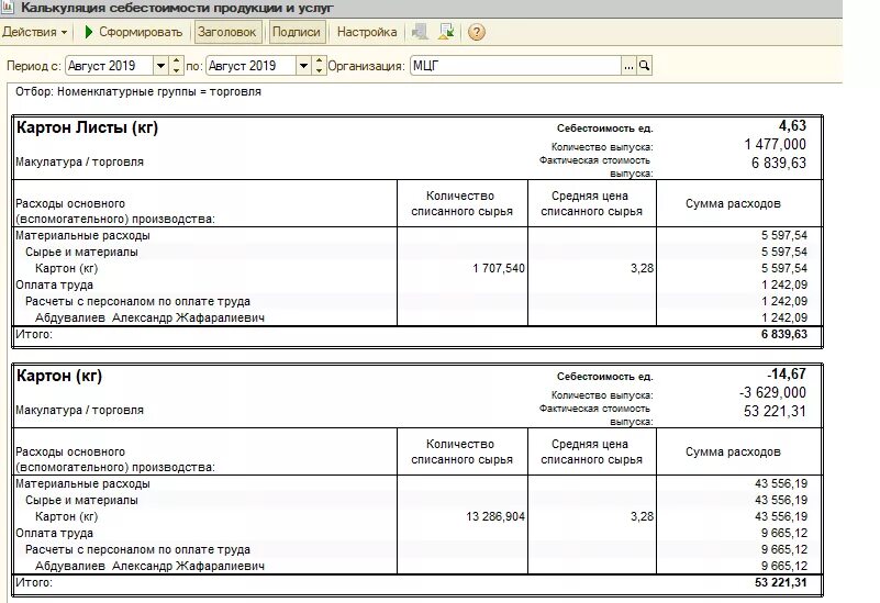 Калькуляция форма образец. Калькуляция форма образец