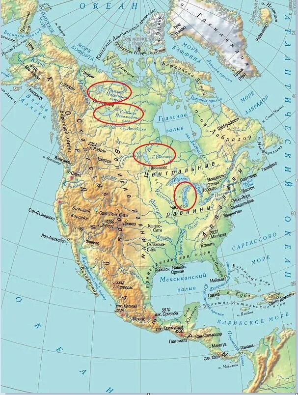 К северу от материка расположен крупный архипелаг. Карта Северной Америки географическая. Северная Америка на карте физическая карта. Географическая карта Северной Америки с низменностями. Карта Северной Америки географическая крупная.