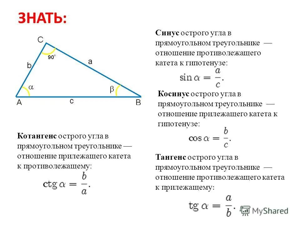 Синус косинус тангенс в прямоугольном треугольнике. Формула синуса острого угла прямоугольного треугольника. Косинус угла тангенс угла как найти. Синус это отношение косинус это отношение.