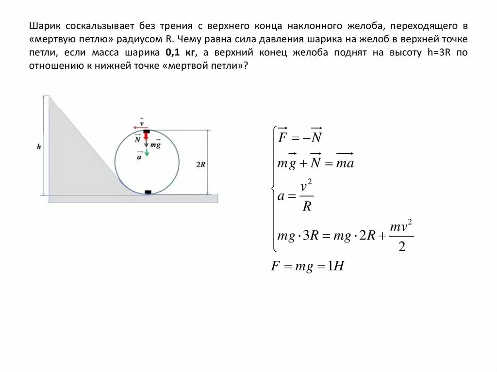 Однородный шар скатывается. Вес тела в мертвой петле. Радиус мертвой петли. Сила давления в мертвой петле. Задача про мертвую петлю физика.