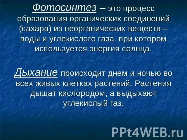 Дыхание происходит во всех живых клетках. Процесс образования органических веществ из неорганических. Питания растений состоит из двух взаимозависимых процессов. Владелец дыхания солнца. Используется энергия это фотосинтез или дыхание.