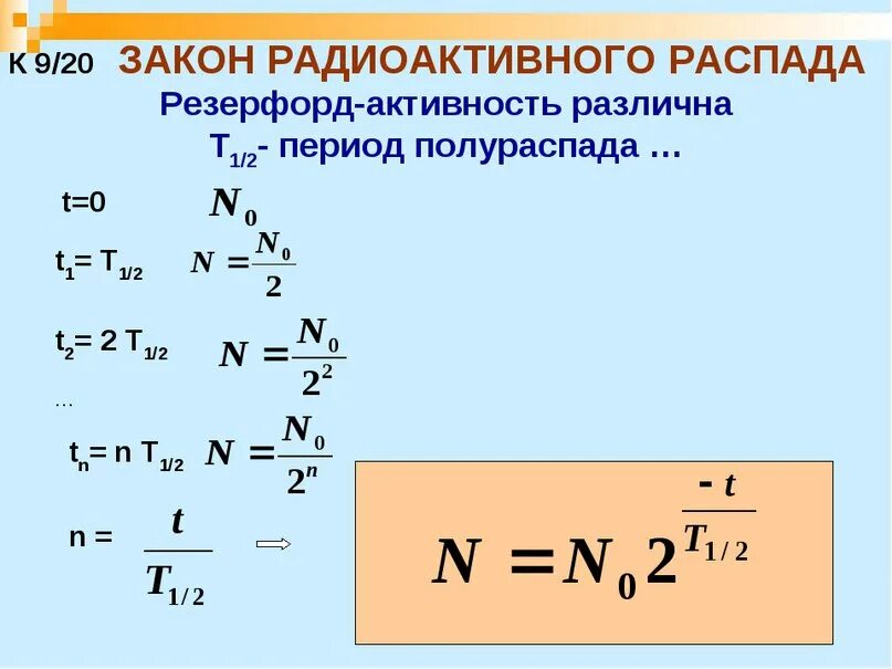 Напишите уравнение распада. Формула радиоактивного распада формула. Формула периода полураспада радиоактивного элемента. Уравнение закона радиоактивного распада. Основная формула радиоактивного распада.