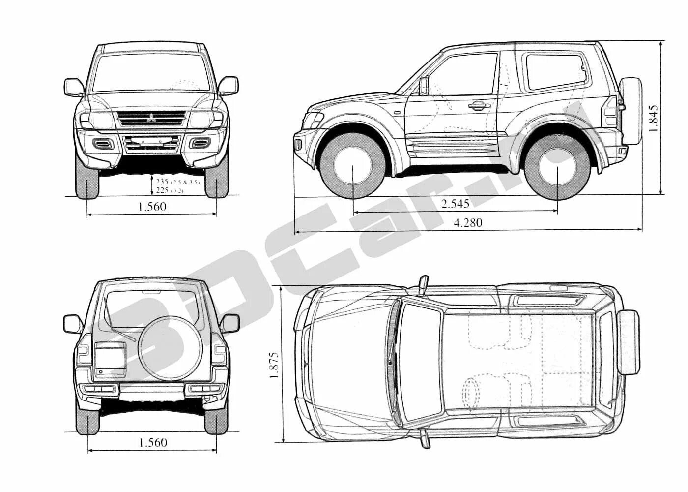 Pajero длина. Митсубиси Паджеро 2 чертеж. Мицубиси Паджеро 3 чертежи. Габариты Митсубиси Паджеро 4. Митсубиси Паджеро спорт 2001 чертеж.