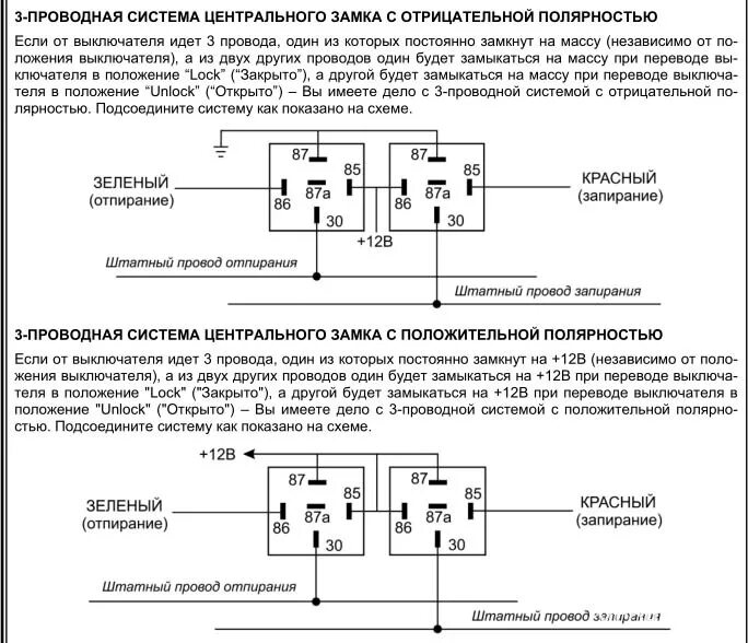 Положительная полярность. Схема подключения 5 контактного реле на Центральный замок. Схема подключения центрального замка с 2 реле. Схема подключения центрального замка через 1 реле. Схема подключения ЦЗ через 2 реле.