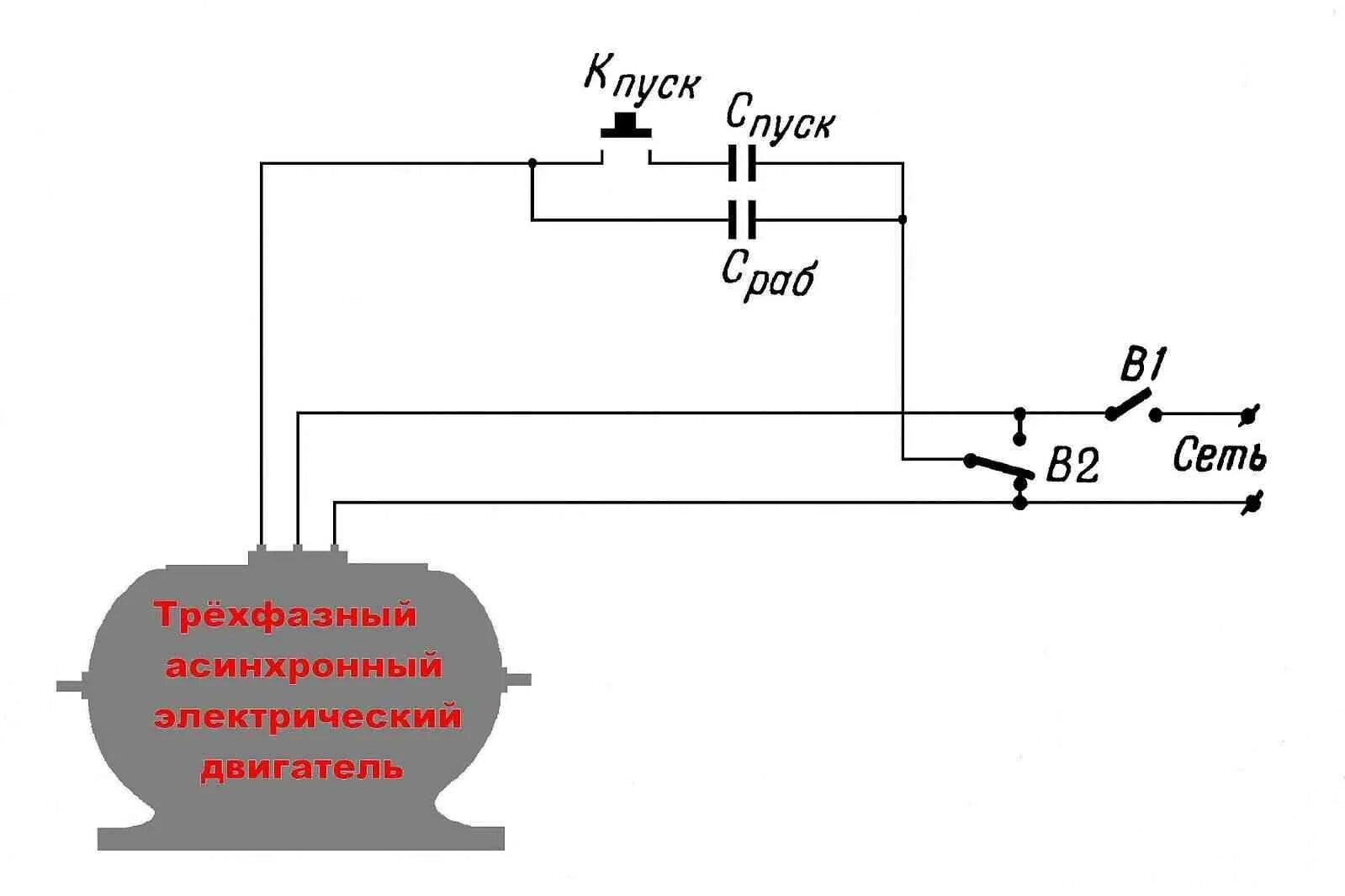 Схема подключения двигателя через конденсатор с реверсом. Схема включения электродвигателя с конденсатором. Электрическая схема пуска электродвигателя через конденсаторы. Схема подключения асинхронного 3х фазного двигателя 220в. Как подключить электромотор