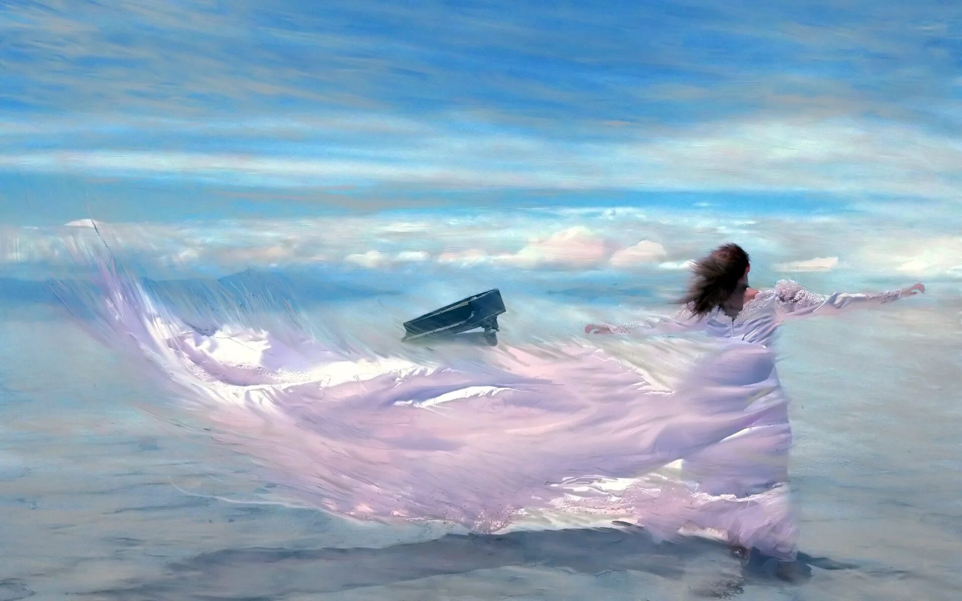 Осторожная поступь. Девушка в облаках. Девушка на ветру. Полет души. Душевные картины.