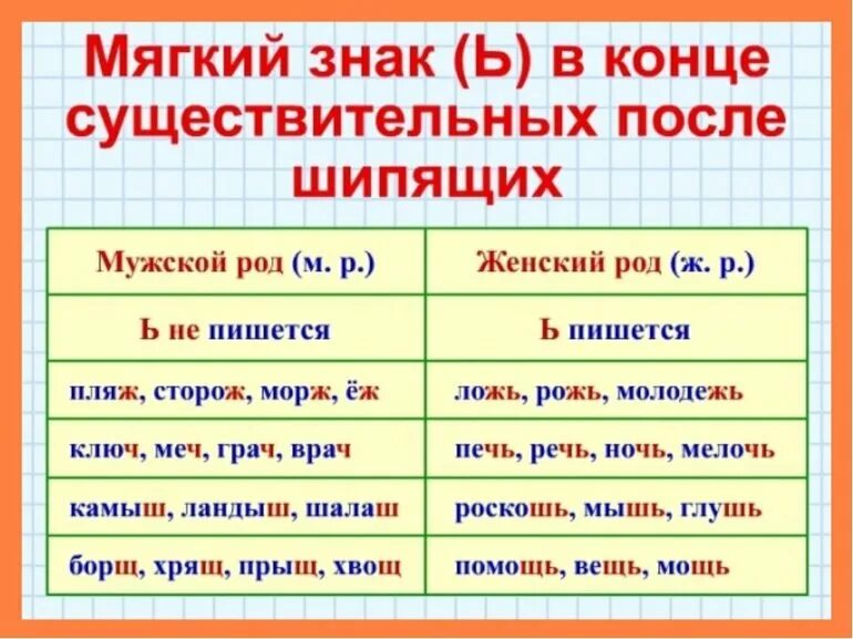 Мягкий знак после шипящих в существительных правило. Мягкий знак на конце имен существительных после шипящих правило. Написание мягкого знака после шипящих на конце существительных. Имена существительные с мягким знаком на конце после шипящих.