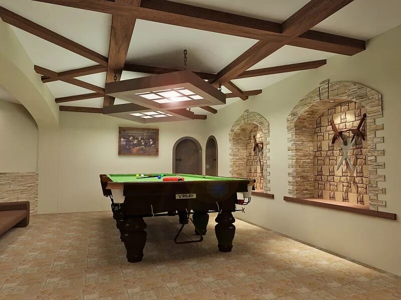 Дизайн цокольного этажа в частном доме. Интерьер бильярдной и спорт зал. Лекарь цокольный этаж. Потолок в бильярдной. Отделка бильярдной комнаты в частном доме.