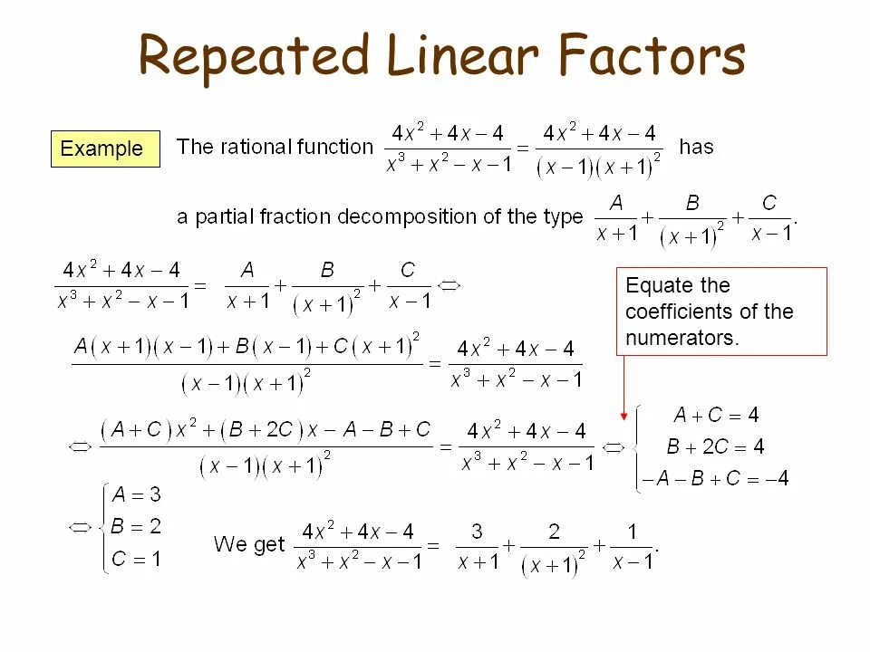 Integer factor. Linear factors. partial fractions. partial fraction decomposition. product of linear factors.