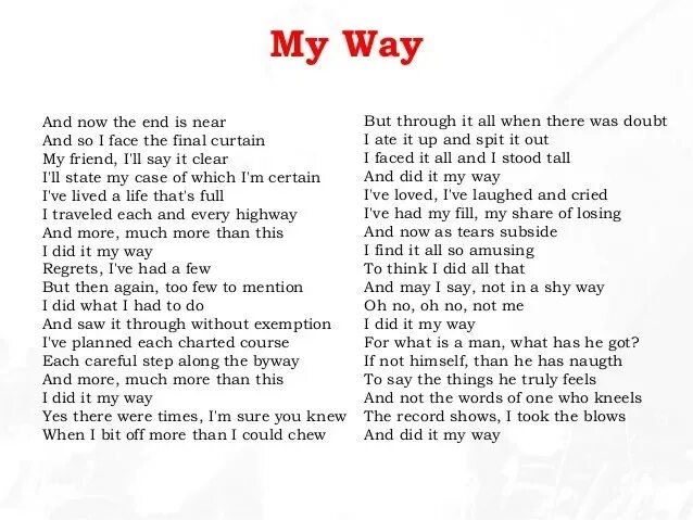 Фрэнк Синатра my way текст. Слова песни my way. Текст песни мой путь. Песня на английском текст.