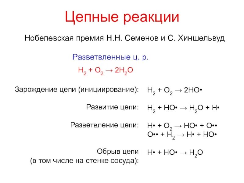 Теории цепных реакций семёнова. Примеры цепных реакций химия. Разветвленные цепные реакции Семенов. Химия формула цепной реакции. Определение цепных реакций